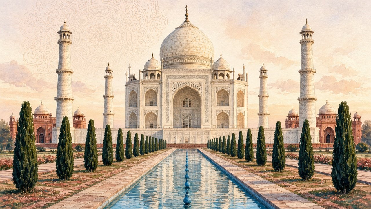 Illustrated Taj Mahal and reflecting pool in Agra
