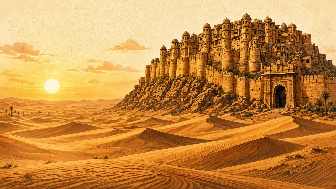 Illustrated Jaisalmer fort above the dunes