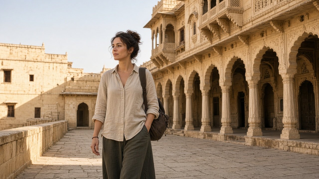 A solo traveller in a Rajasthan palace courtyard