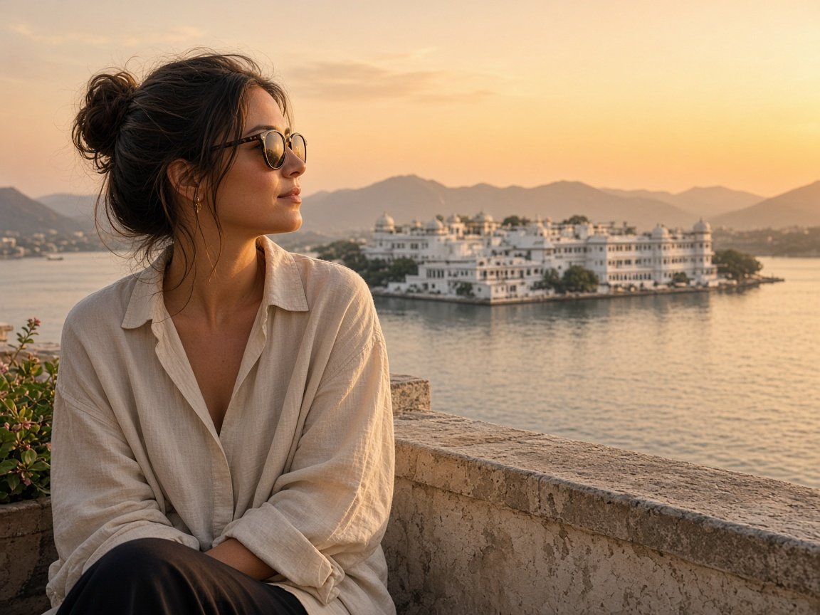 A traveller overlooking a Rajasthan lake palace